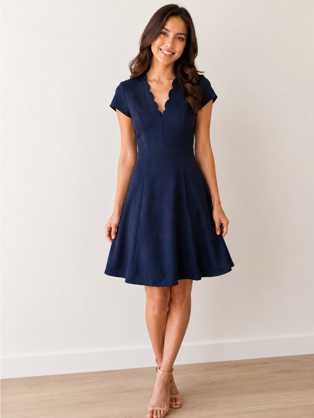 ISAAC MIZRAHI Stylish Navy Blue Scallop V-Neck Fit & Flare Dress workwear